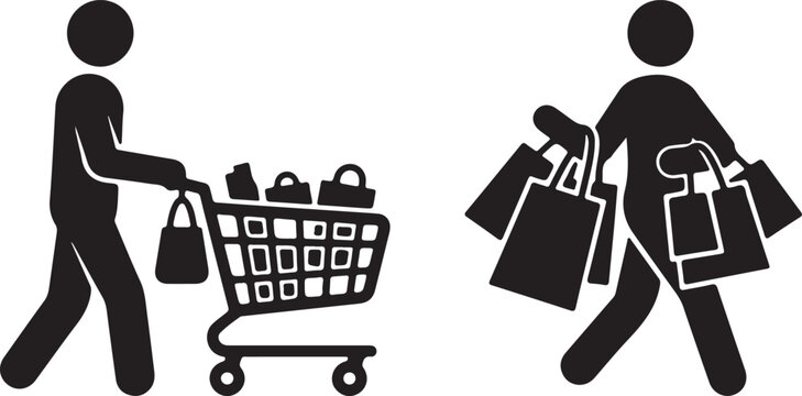 Man Pushing Full Shopping Cart with Bag and Person Walking with Shopping Bags Silhouette Vector Illustration.