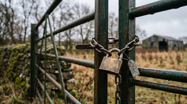 Metal farm gate locked with heavy chain and brass padlock in countryside field. Concept of attached, security. Copy space.