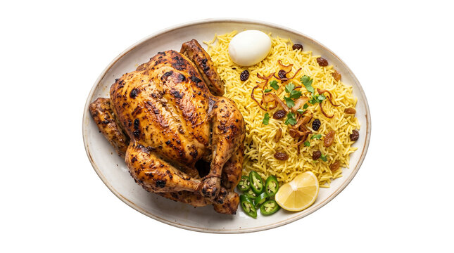 Roasted whole chicken with yellow basmati rice, traditional arabic mandi dish with boiled egg, middle eastern spiced poultry and rice platter isolated PNG with Transparent Background