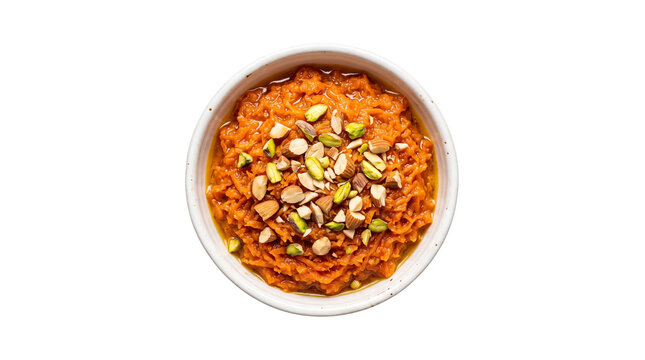 Gajar ka halwa in white bowl, traditional Indian carrot pudding with nuts, sweet orange dessert topped with pistachios and almonds isolated PNG with Transparent Background