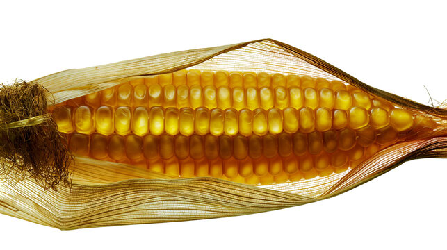 Isolated ear of corn, golden kernels revealed by dry husks partially pulled back.