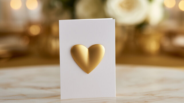 A vertical white paper card stands on a light colored marble tabletop. golden heart attached to its front face, positioned below the center. Ai generat