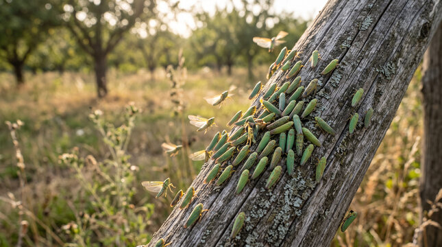 Swarm of green leafhoppers on wooden post in orchard outdoors at sunset. Concept of insect swarm, pest, agricultural pest, nature, flying insects, cicadellidae, green bugs. Copy space.
