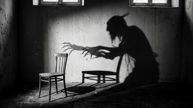 Lone wooden chair sitting in a dark weathered room. Ominous shadow of a monstrous entity looming on the wall. Halloween 2026 spooky horror atmosphere and fear concept.