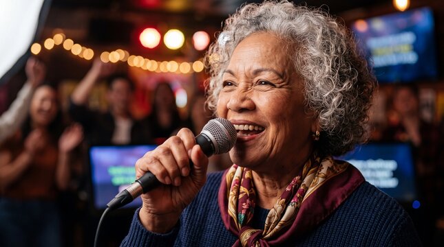 Happy Senior Grandmother Singing Into Microphone At Karaoke Party