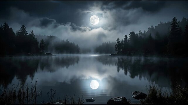 Full moon shines over a misty lake surrounded by dark pine forests. Eerie stillness and mystical atmosphere in a haunted wilderness. Halloween 2026 spooky night landscape and horror concept.