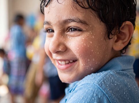 Cute Middle Eastern boy celebrating Songkran water festival