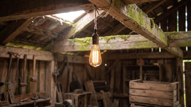 Vintage Edison Lightbulb Glowing Hanging from Wooden Beam in Rustic Barn Workshop Interior. Concept of edison bulb, glowing bulb, rustic light, vintage lamp, hanging light, warm glow, cozy atmosphere.