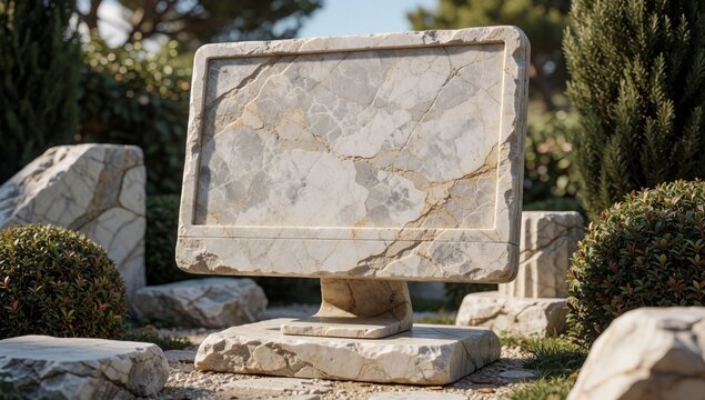 Large rectangular stone sculpture center garden made light-colored cracked uneven surface giving textured appe