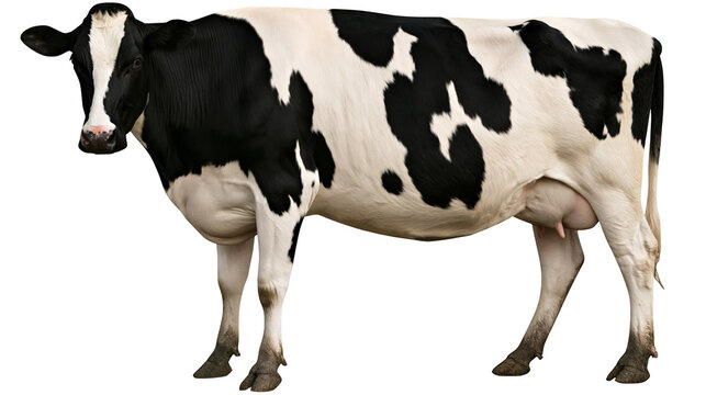 Isolated full body side view of a standing black and white Holstein dairy cow livestock.