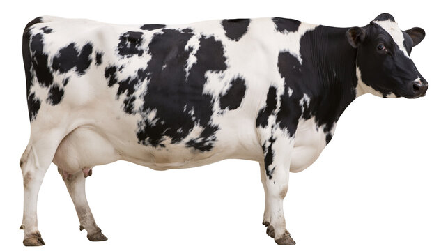 Isolated healthy black and white Holstein dairy cow standing gracefully in profile