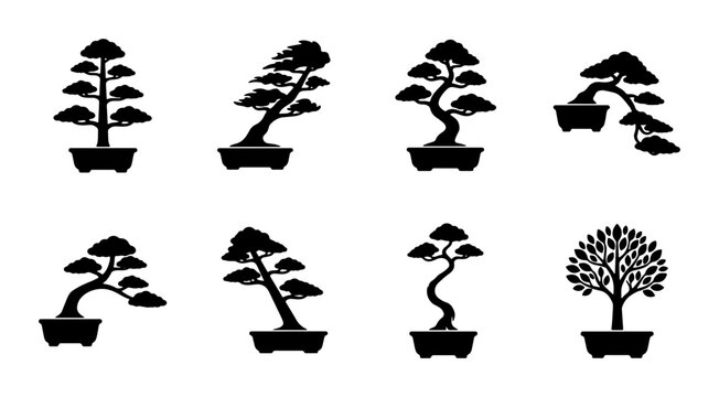 Set of 8 Silhouette Bonsai Trees, Miniature Japanese Garden Plants, Vector Icons for Nature and Zen Decor