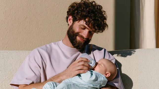 Bearded father bottle feeding infant on couch in warm sunlight for family care banner and parenthood background