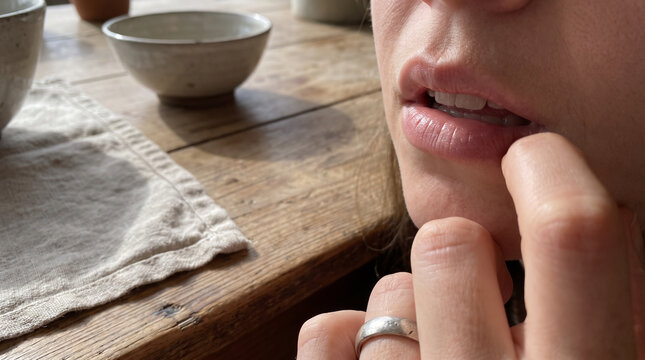 Close Up of Woman Touching Her Dry Lips at Wooden Table in Morning Light. Concept of mouth, lip care, skin care, mouth close up, natural beauty. Copy space.