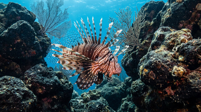 Red lionfish swimming over coral reef in clear blue ocean water underwater shot. Concept of marine life, sea life, tropical fish, reef fish, underwater photography. Copy space.