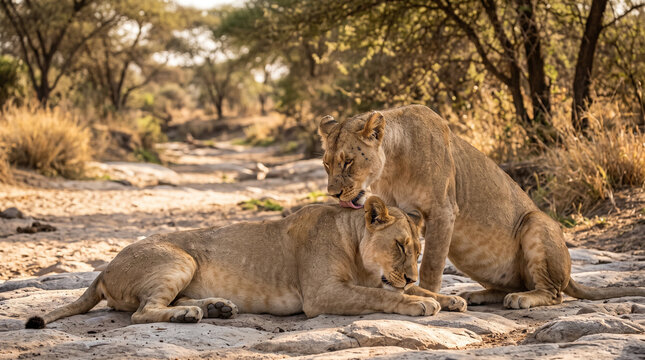 Two wild lionesses grooming and bonding in African savannah wilderness during sunny day safari. Concept of lion, lioness, wild animals, wildlife, africa, big cats.