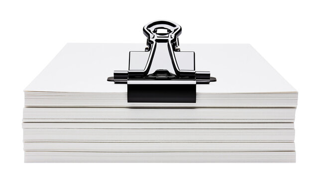Isolated stack of crisp white blank paper sheets held together by a sturdy black metal binder clip.