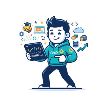 Happy young man using a tablet with digital technology icons floating around him in blue style
