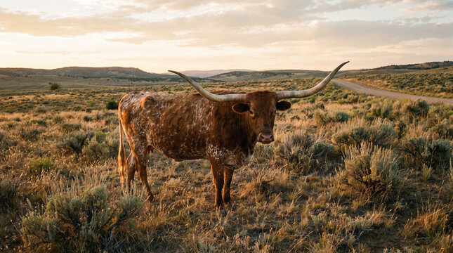 Texas longhorn bull standing in open field pasture at golden hour sunrise. Concept of cattle, livestock, western, ranch. Copy space.