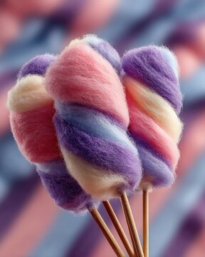 Vibrant purple and pink cotton candy sticks on striped pastel background, high saturation