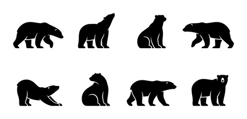 Fototapeta premium Polar Bear Silhouettes: Arctic Wildlife Icons, Set of 8, Vector Graphics for Nature and Animal Designs