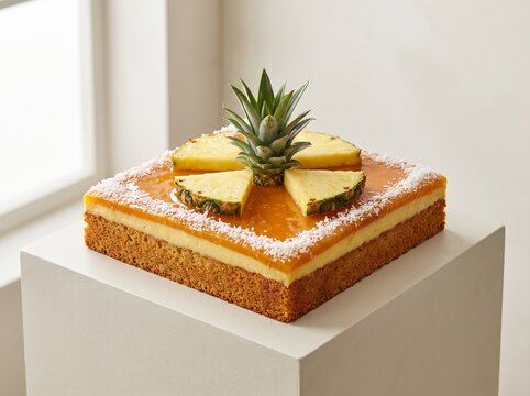 Square pineapple cake with fruit topping on a pedestal for gourmet dessert presentation.