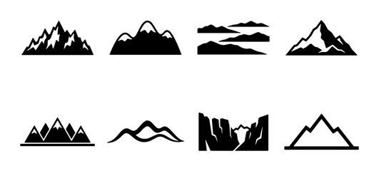 Mountain Icons Set, Diverse Peaks and Landscapes, Vector Graphics for Adventure and Nature Themes © Riya
