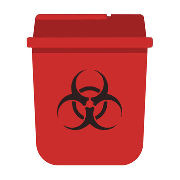 Red plastic sharps disposal container with biohazard symbol for clinical waste management isolated on white medical safety concept