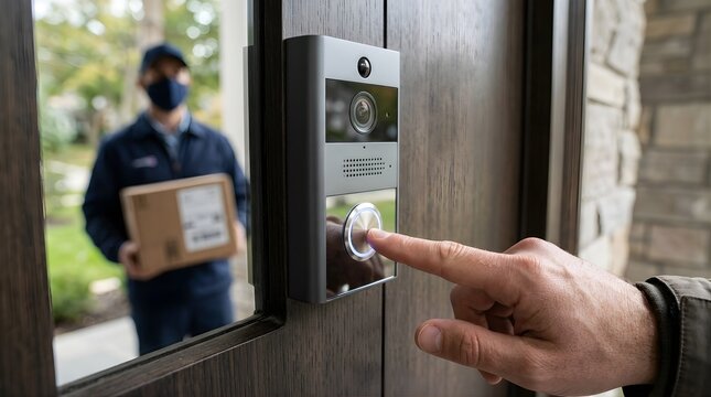 Delivery person arriving at front door with parcel as resident rings bell