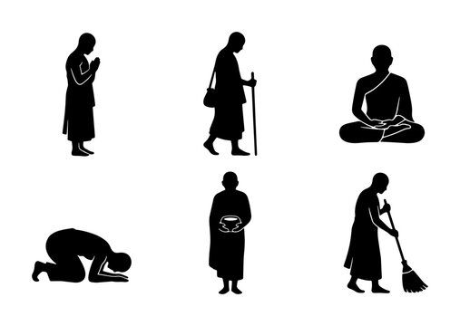 Buddhist Monks Silhouettes, Sacred Rituals, Meditation, Prayer, Offering, Cleansing, Vector Icons