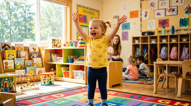Excited toddler girl celebrating back to school in preschool classroom, happy child starting first day of fall kindergarten session.