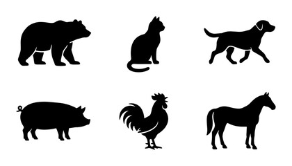 Obraz premium Farm Animal Silhouettes Vector Icons: Bear, Cat, Dog, Pig, Rooster, Horse Graphics