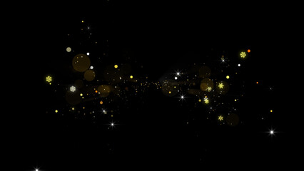 Golden magic dust particles and bokeh glowing on black background © Uvindu