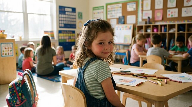 Cute preschool girl smiling at desk during back to school season in bright kindergarten classroom on the first day of fall.