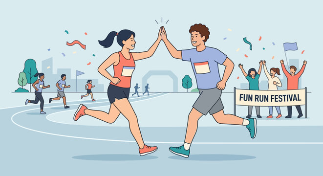 Athletic Pair Celebrates Victory At Fun Run Festival With High Five