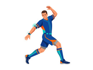 Fototapeta premium Athletic Man Running With Smart Fitness Tracker And Vibrant Blue Athletic Wear