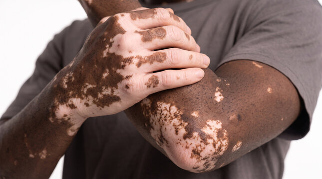 African American man with vitiligo on a clean white background, showing depigmented patches on face, hands, arms, neck and torso with different natural facial expressions, depigmentation, pigmentation
