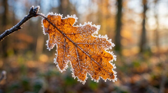 Frosted oak leaf backlit by golden morning sunlight in an autumn forest, highlighting the first seasonal frost and crisp fall weather.