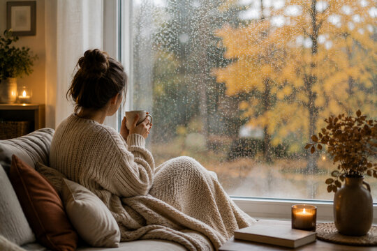 Woman relaxing at home with warm drink on a rainy autumn day