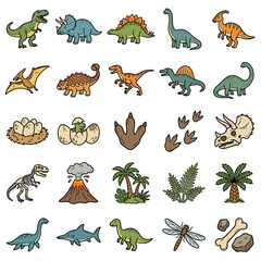 Dinosaurs and prehistoric elements are presented in a comprehensive grid, featuring a Tyrannosaurus Rex, Triceratops, Stegosaurus, Brontosaurus, Pteranodon, Ankylosaurus, Velociraptor, Spinosaurus. © Arto