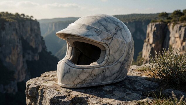 White motorcycle helmet resting rocky cliff overlooking canyon appears old weathered cracks peeling paint surf