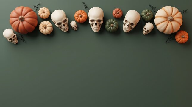 Halloween themed skulls and pumpkins on dark green background