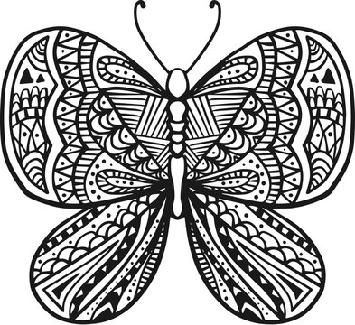 Geometric Patterned Mandala Butterfly SVG Vector Art, Intricate Zentangle Insect Line Drawing for Adult Coloring Book, Cricut Cut Files, Laser Engraving, and T-Shirt Design