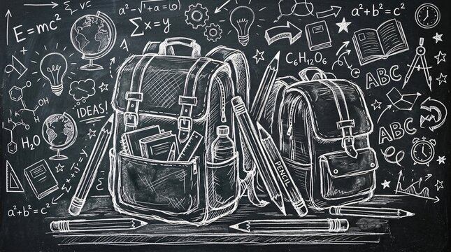 Chalkboard drawing of school backpacks with pencils and educational doodles, celebrating the first day of fall and back to school season.