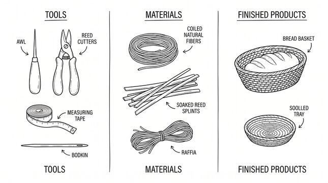Basket weaving essentials &mdash; tools, natural fibers, and raffia transformed into bread baskets and shallow trays, showcasing craft from raw material to finished product.