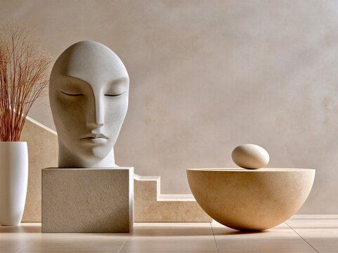 Minimalist stone head sculpture with bowl and dried botanicals in beige interior