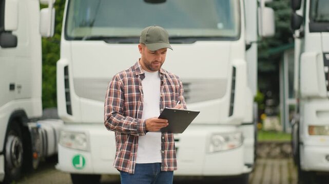 Truck driver inspecting vehicle and taking notes on clipboard