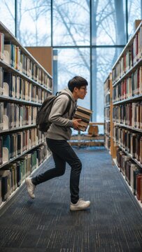 A young man with a backpack runs through a library aisle while carrying a stack of books, illustrating a sense of urgency or a deadline.