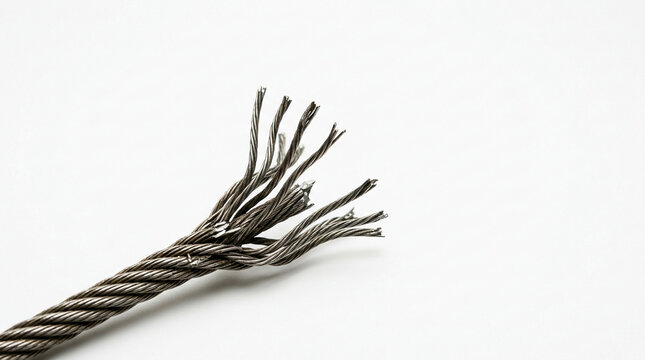 Frayed heavy duty steel wire rope with snapped unraveling strands