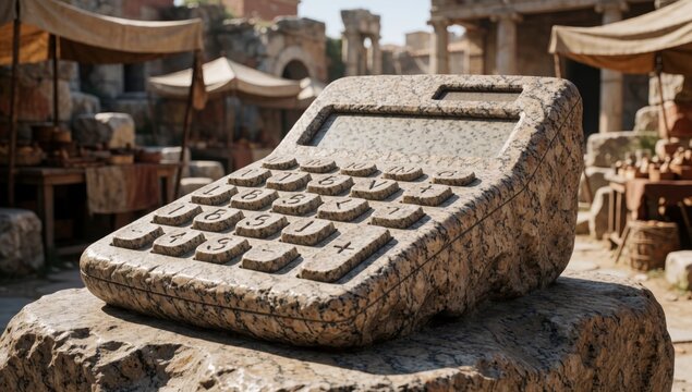 Old weathered calculator sitting top large rock made stone has rectangular shape rounded edges screen keypad c